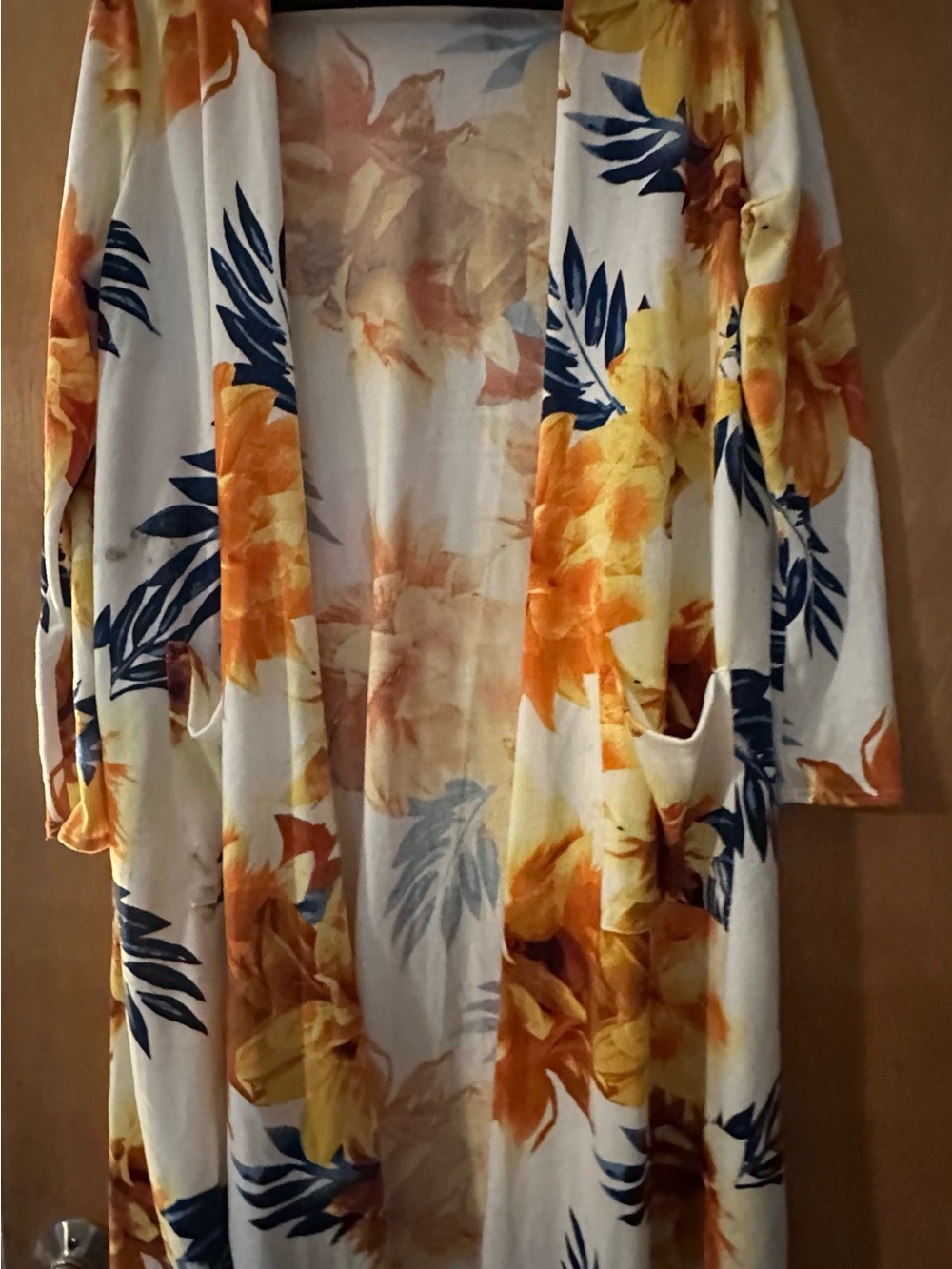 LuLaRoe Cream Cardigan with Orange, Yellow & Navy Floral Print